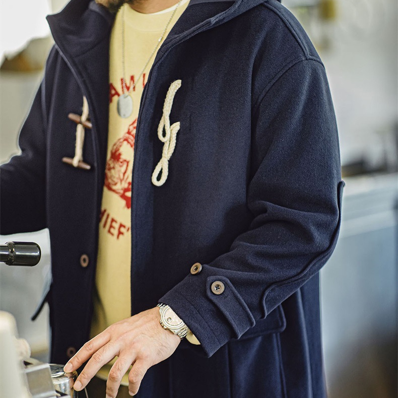 美式復古牛角扣連帽毛呢大衣學院風寬鬆長款外套男女秋冬