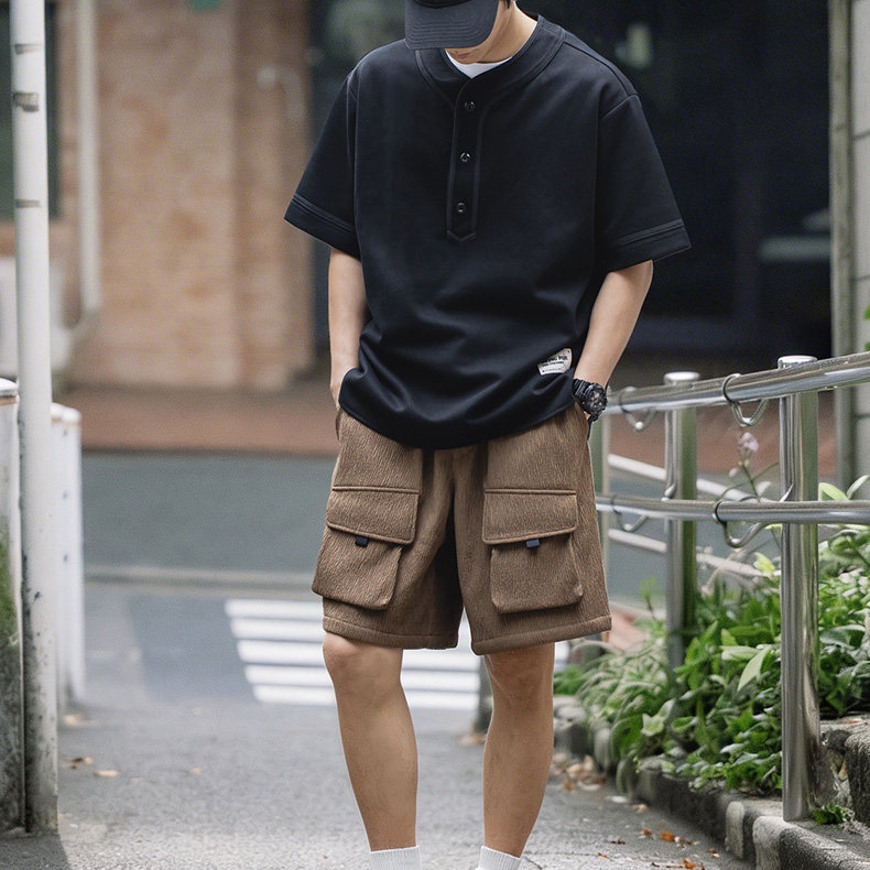 立體多口袋樹紋短褲重磅彈力串珠肌理感休閒工裝五分褲夏