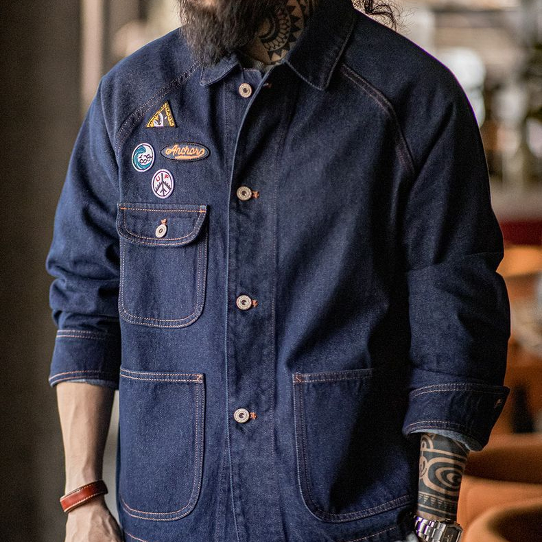 美式復古刺繡徽章牛仔夾克重磅水洗翻領休閒外套男秋冬季