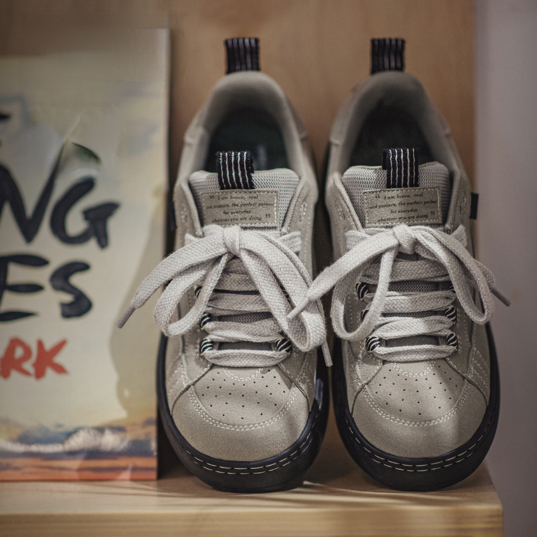 美式灰色復古厚底板鞋小眾增高翻毛皮休閒鞋低幫滑板鞋男士