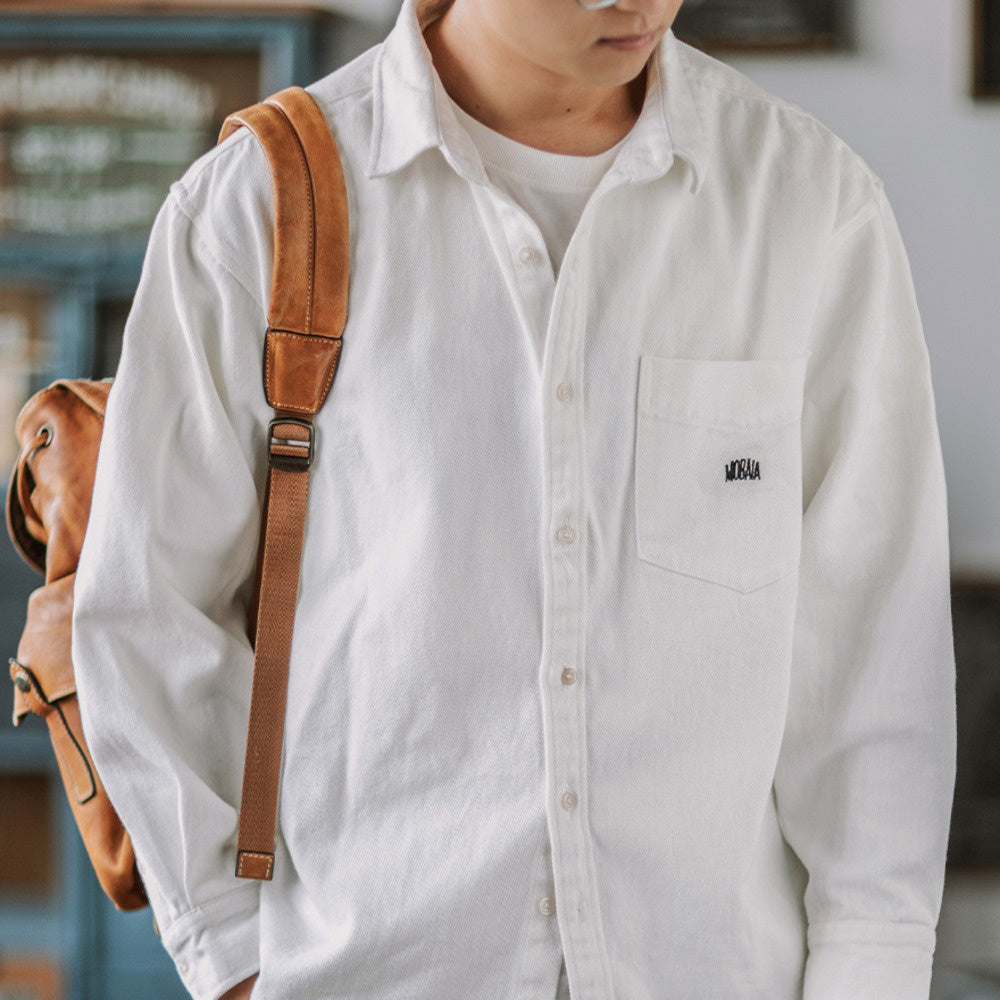 全棉磨毛厚寬松工裝襯衫純色長袖休閑襯衣男春秋外套