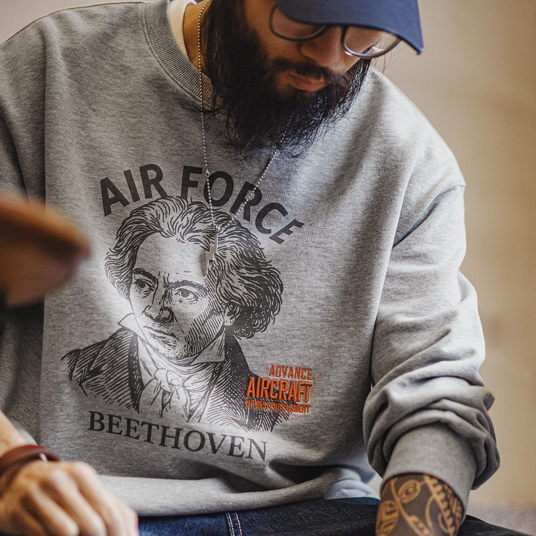 美式灰色卷邊全純棉衛衣寬鬆套頭印花刺繡長袖T恤男款春