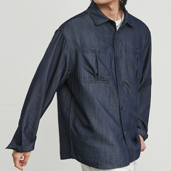 仿牛仔布長袖襯衫壓皺拼接雙貼袋襯衣男士新款春季休閒薄外套