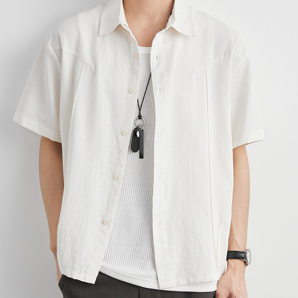 簡約輕薄古巴領短袖襯衫男夏季寬鬆落肩款日系休閒透氣襯衣