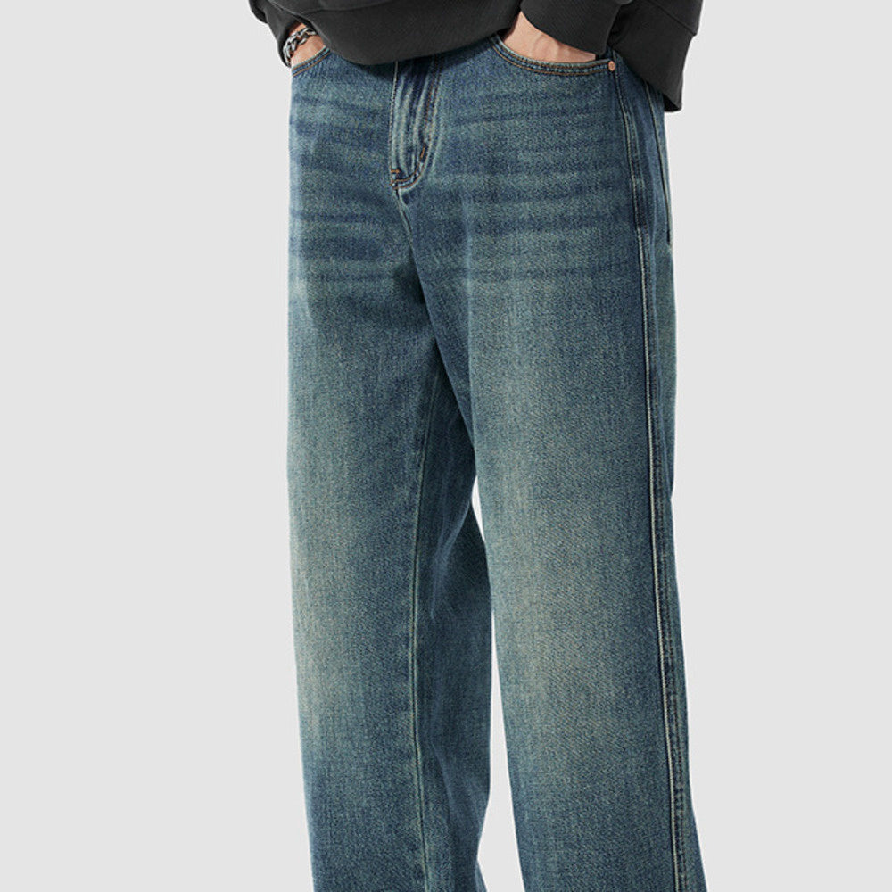 石磨洗 春秋美式牛仔褲男寬松休閑百搭直筒長褲子