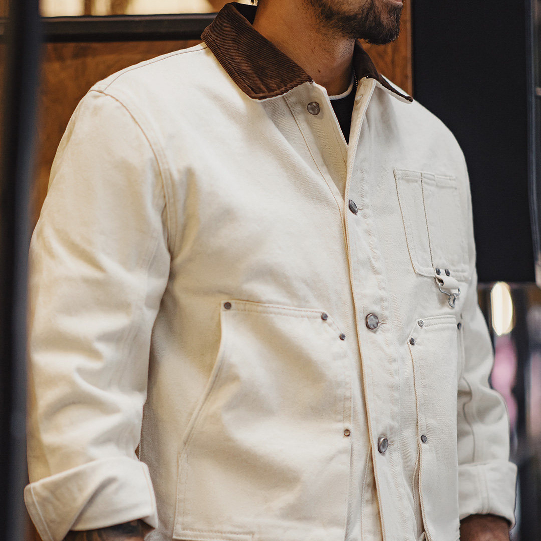 美式棉籽殼J22白色翻領夾克獵裝法式燈芯絨領外套男款春