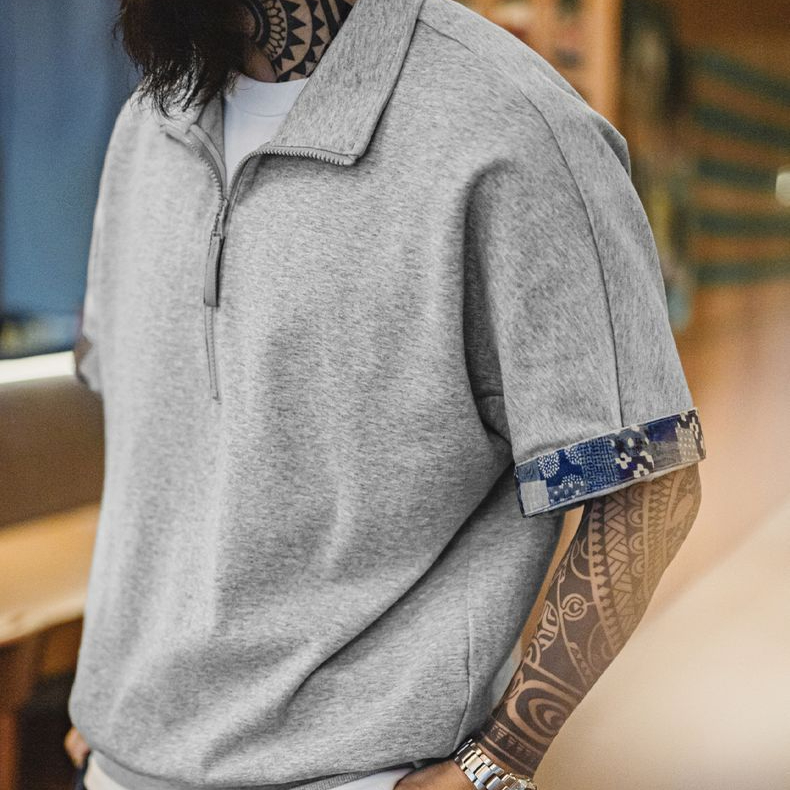 美式復古boro風半開襟polo古布印花寬鬆休閒翻領T恤男夏