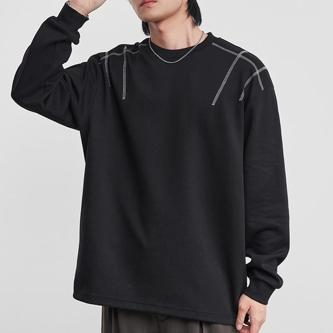 男士長袖T恤寬鬆微闊幾何設計打底衫春季圓領輯明線套頭上衣