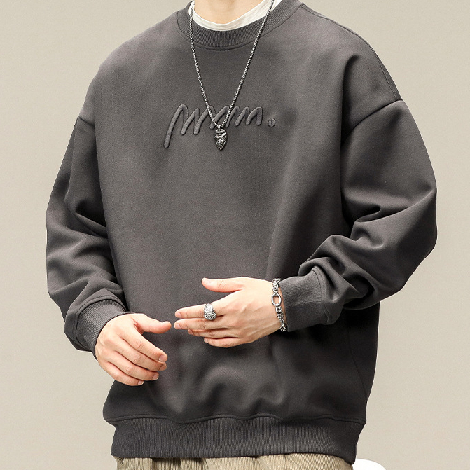 美式復古重磅刺繡衛衣男春季新款寬鬆大碼潮牌圓領上衣男