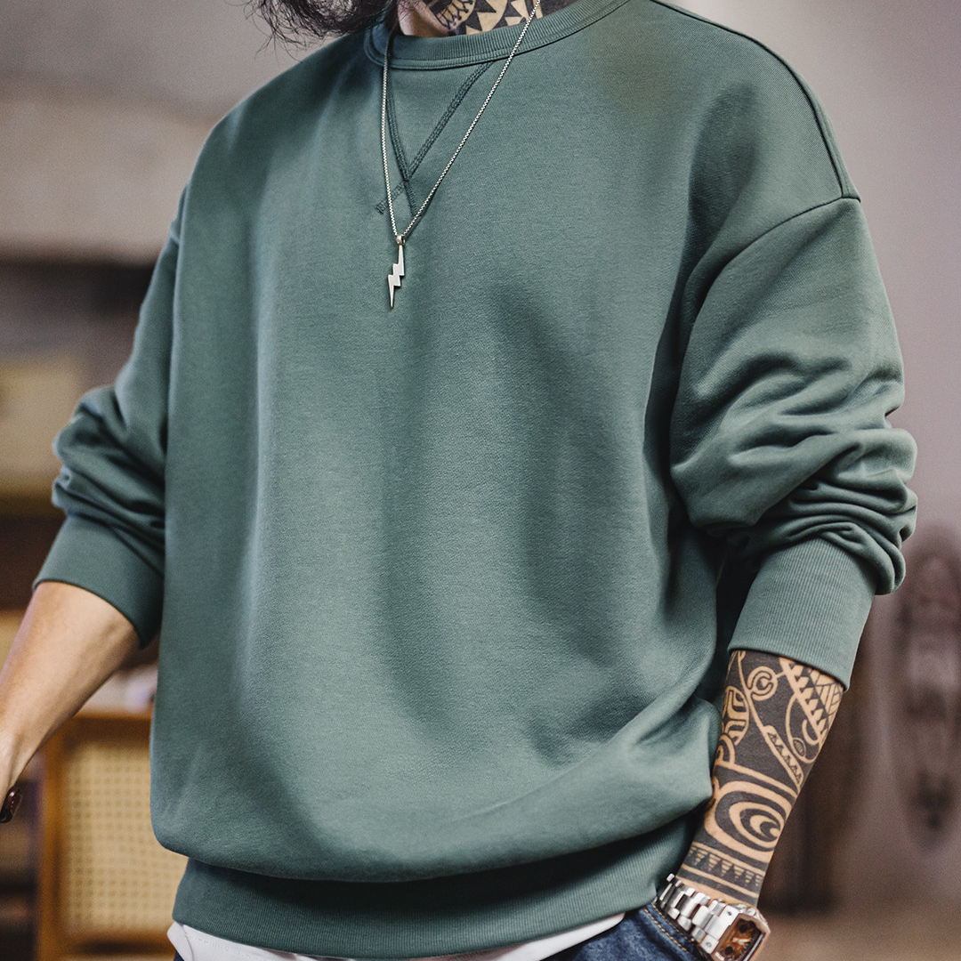 美式新疆棉衛衣紫色圓領套頭無帽外穿寬鬆長袖外套男款春