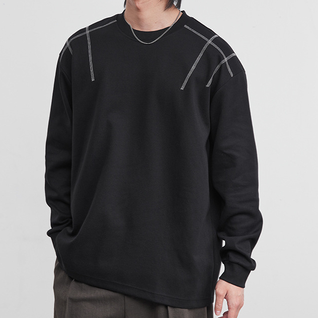 男士長袖T恤寬鬆微闊幾何設計打底衫春季圓領輯明線套頭上衣