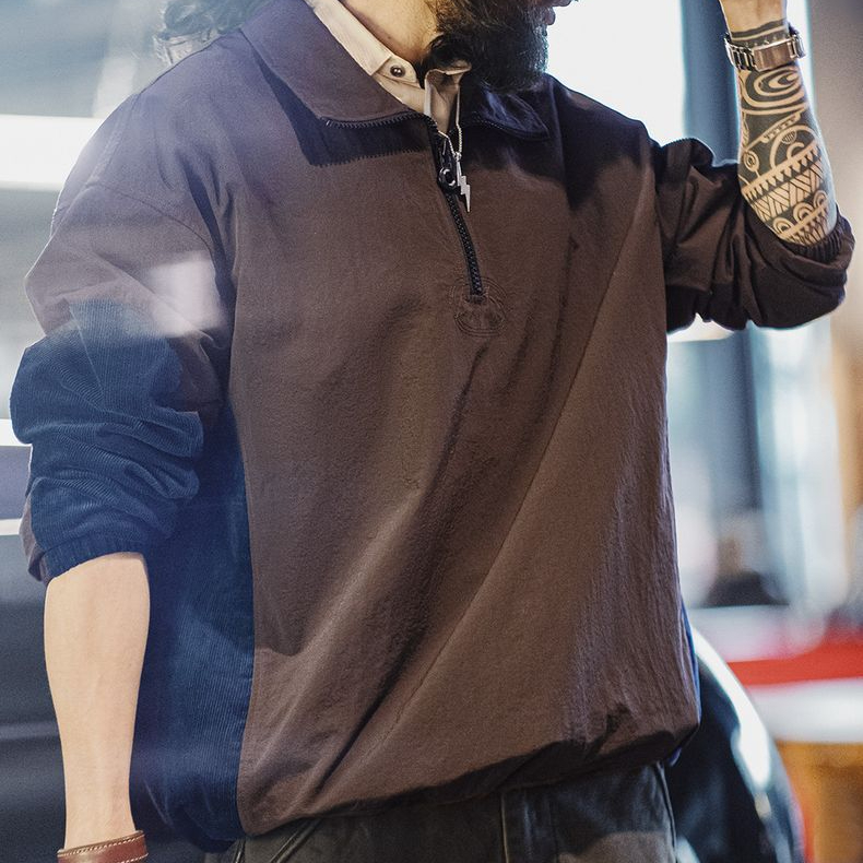 美式復古拼接半拉鍊夾克翻領撞色戶外燈芯絨褶皺衛衣男春