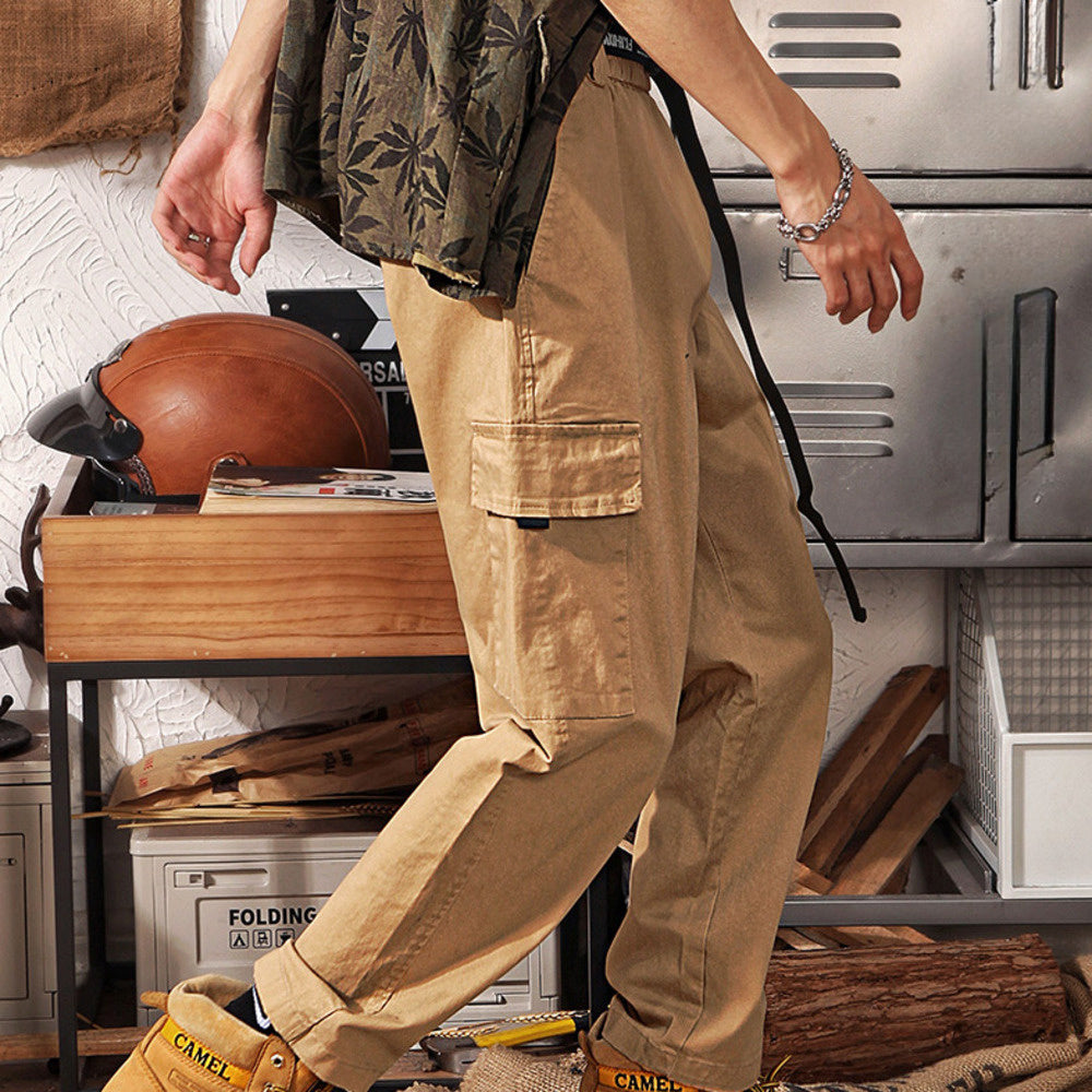 直筒機能工裝褲男潮牌嘻哈寬松闊腿百搭大口袋休閑褲