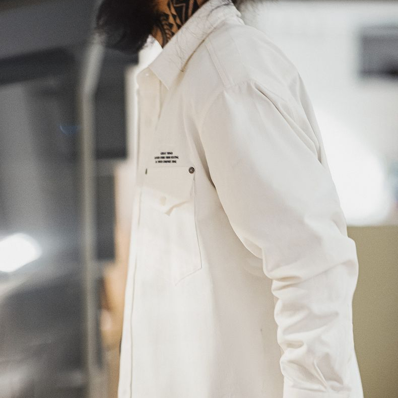 美式休閒人字紋廓形長袖襯衫印花疊穿翻領白色襯衣男秋冬