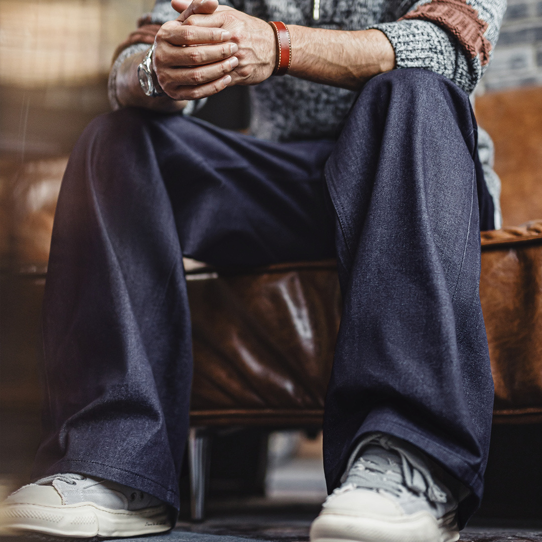 美式復古微喇闊腿直筒牛仔褲鬆弛垂感深藍色赤耳原牛男秋