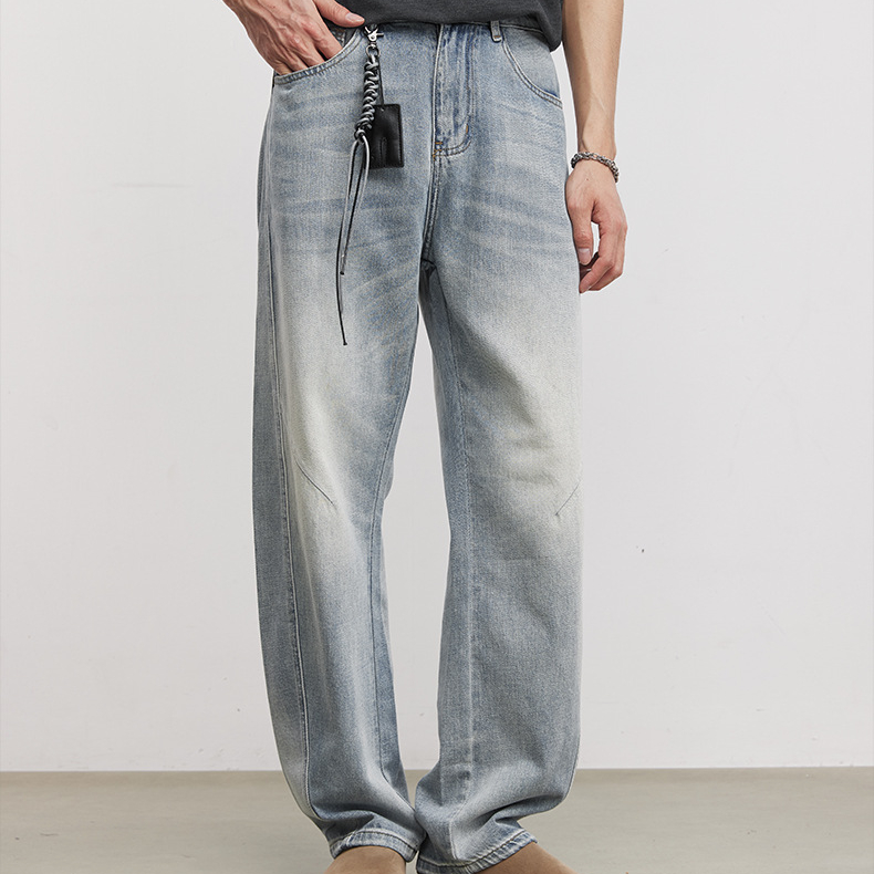 極簡線條彎刀牛仔褲男夏季寬鬆直筒做舊水洗漸變美式復古長褲