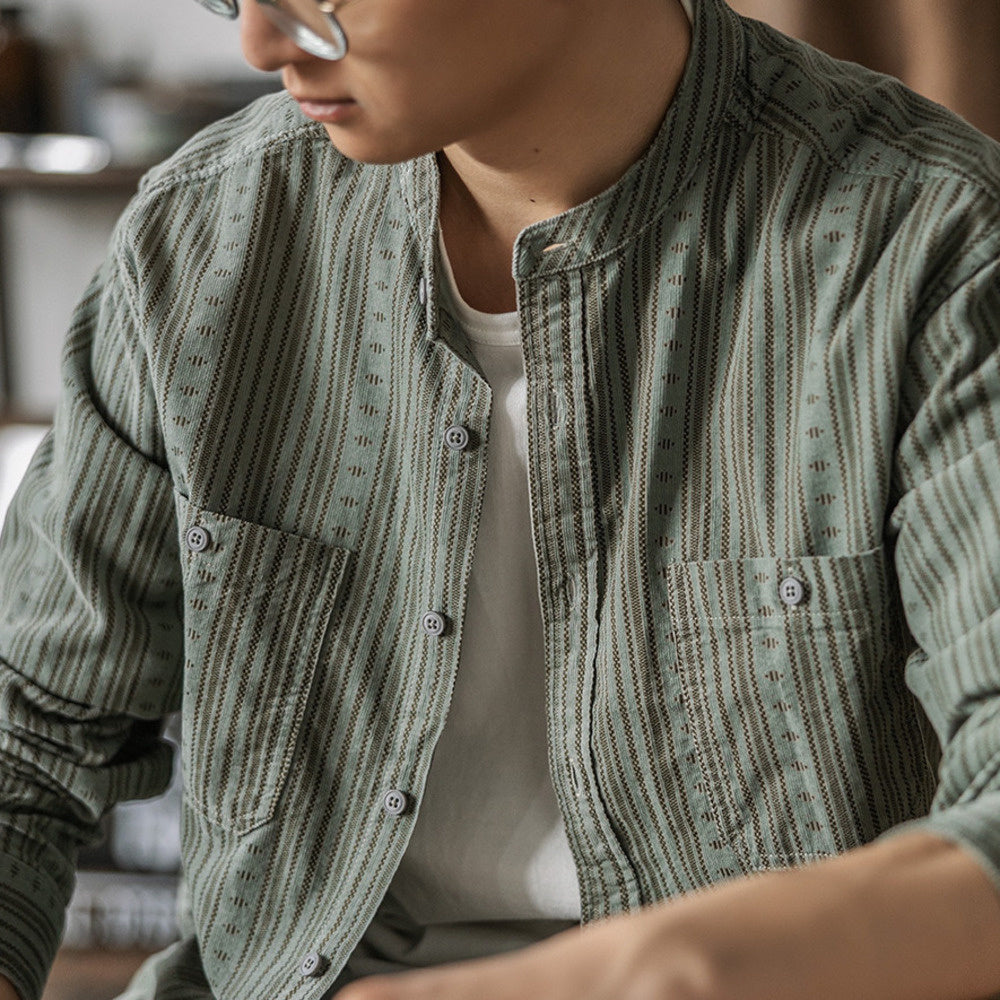 美式民族風圓領長袖襯衫男 條紋亨利立領寬松襯衣秋