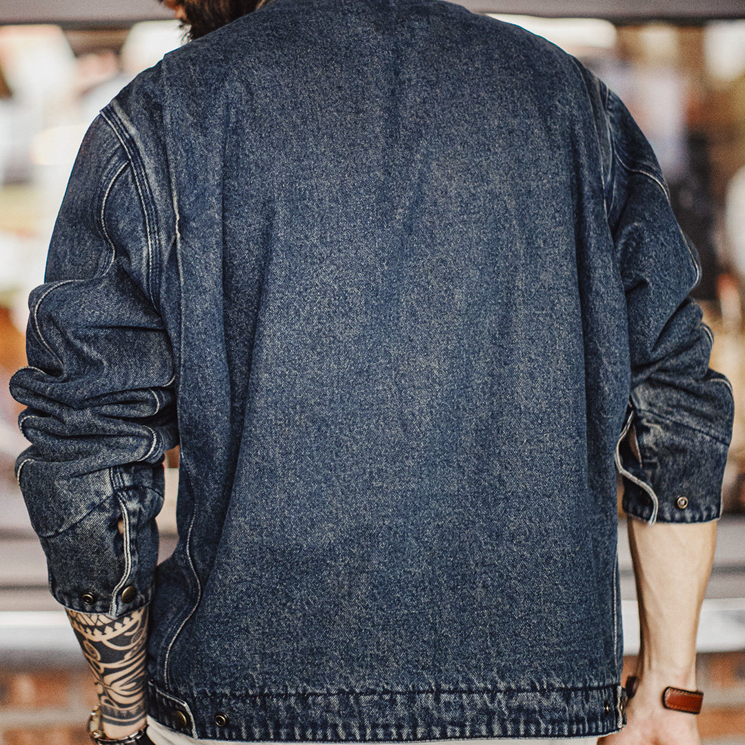 美式復古牛仔底特律夾克水洗做舊短款休閒翻領外套男款春