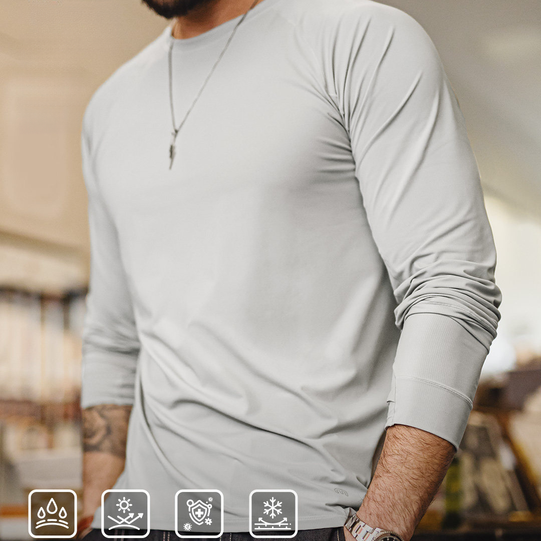 美式插肩袖速幹運動T恤防曬純色長袖涼感抗菌打底衫男春