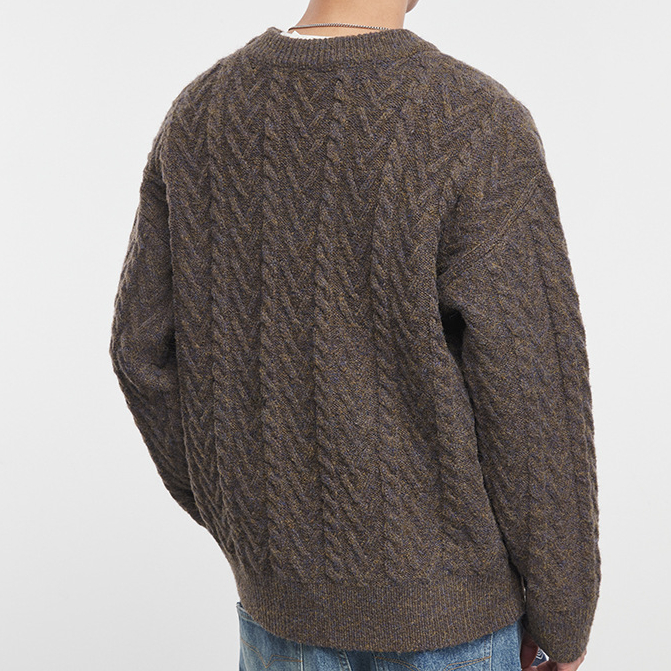 暖織秋冬季寬鬆絞花圓領套頭毛衣男士上衣潮流休閒針織衫