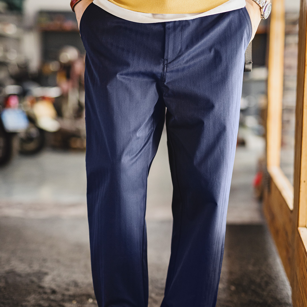 美式復古藍色伐木褲直筒微錐鬆緊腰人字紋休閒長褲子男秋