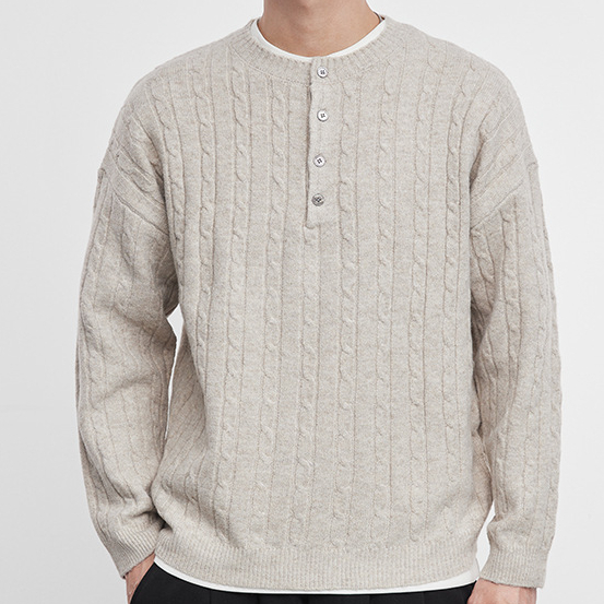 織閒男裝亨利領麻花針織毛衣秋冬復古寬鬆保暖套頭毛衫