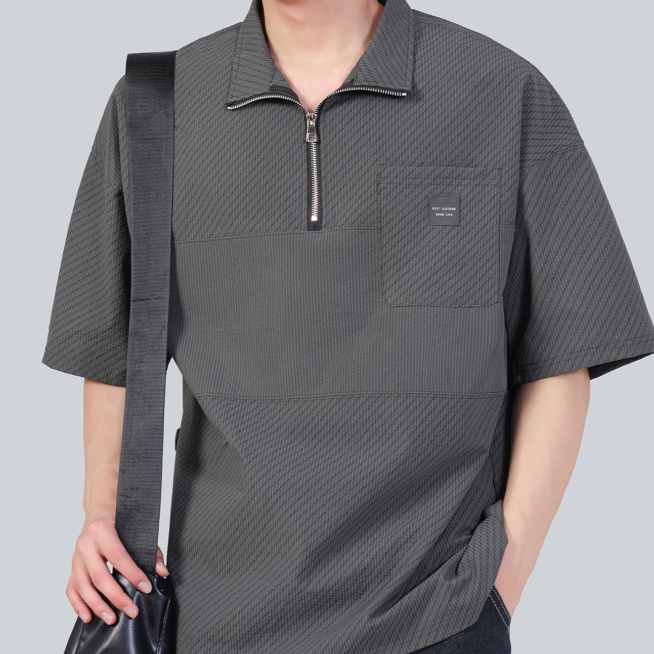 美式設計感拼接半拉鍊短袖polo衫T恤男夏季薄款透氣保羅衫