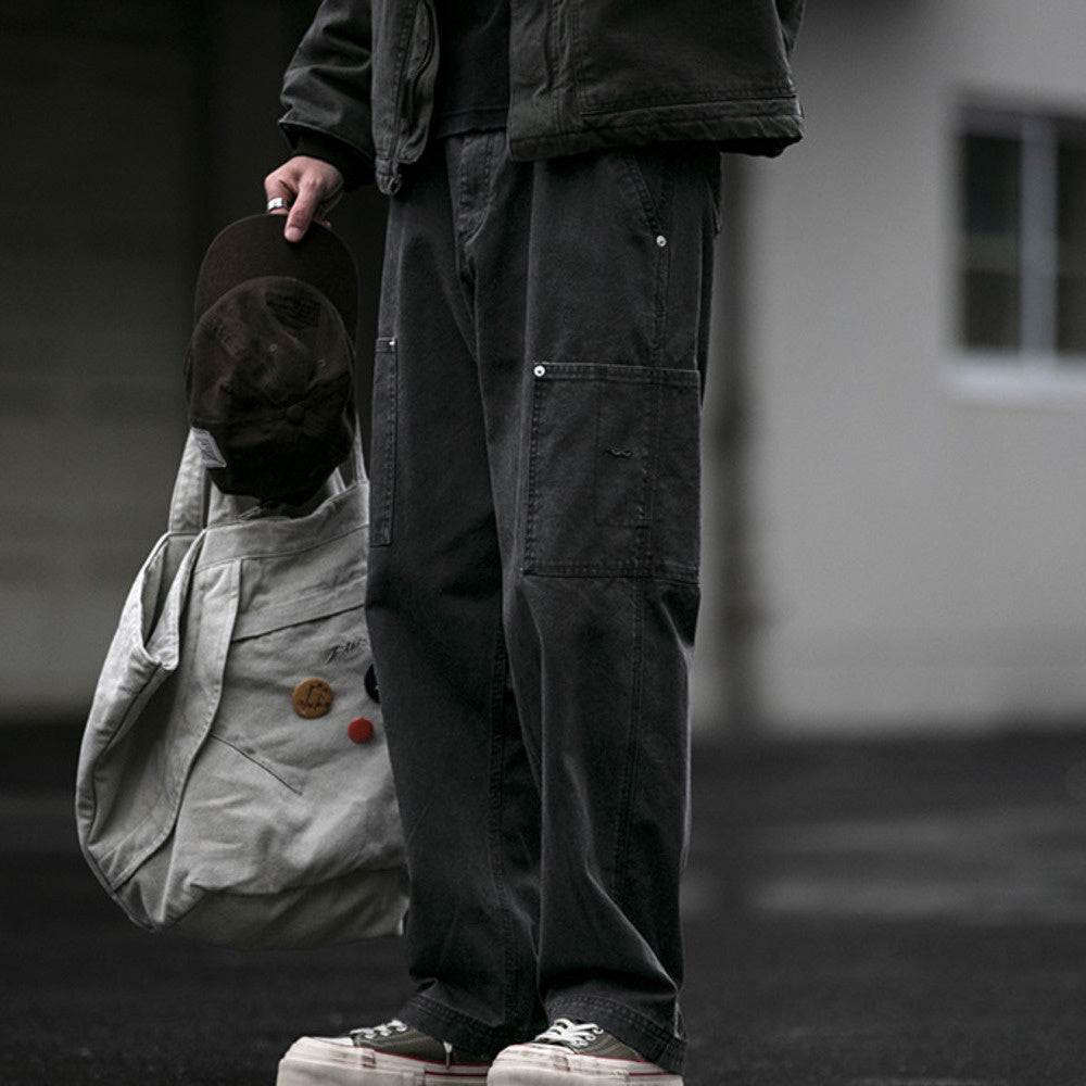 秋冬360g水洗做舊工裝褲男潮牌寬松伐木褲純棉百搭直筒長褲潮