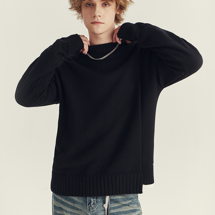 秋冬季圓領毛衣男士潮款韓版拼接寬鬆套頭針織衫長袖內搭