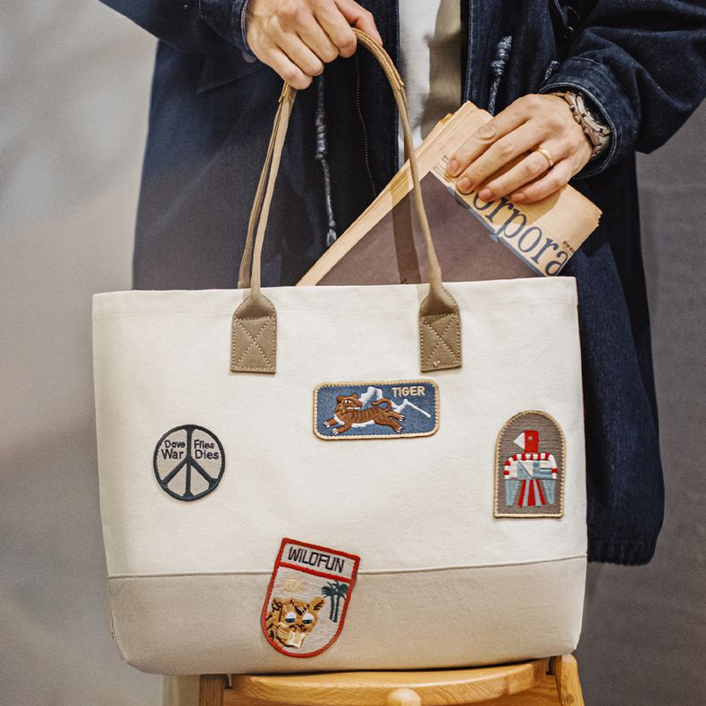 美式復古章仔刺繡托特包大容量手提包相機電腦單肩包男女