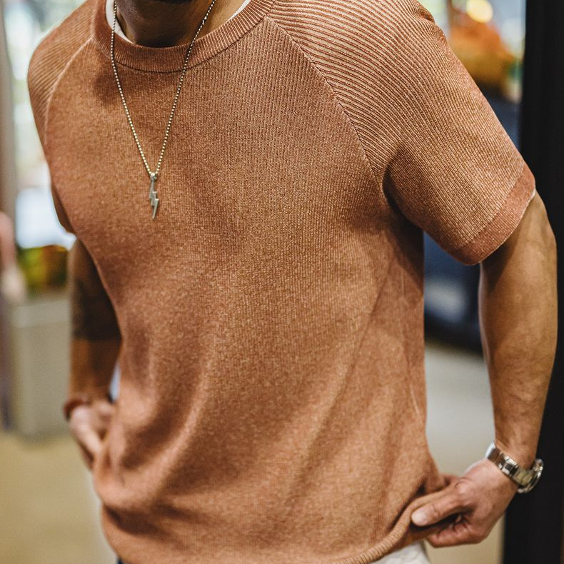 美式復古橙色針織衫短袖休閒寬鬆圓領薄款透氣T恤男夏季