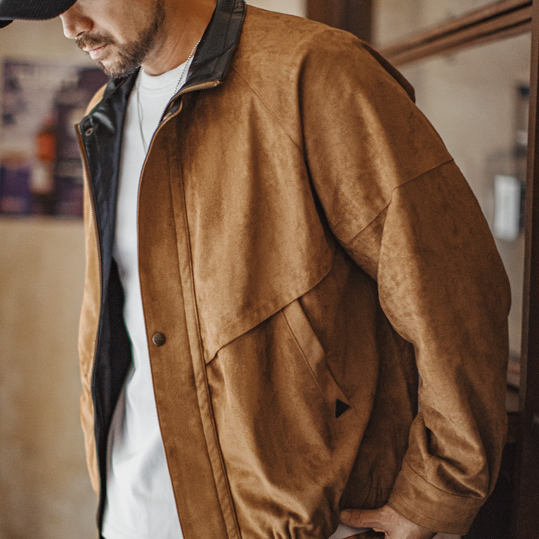 美式復古麂皮絨教練夾克立領短款美拉德翻毛皮外套男秋