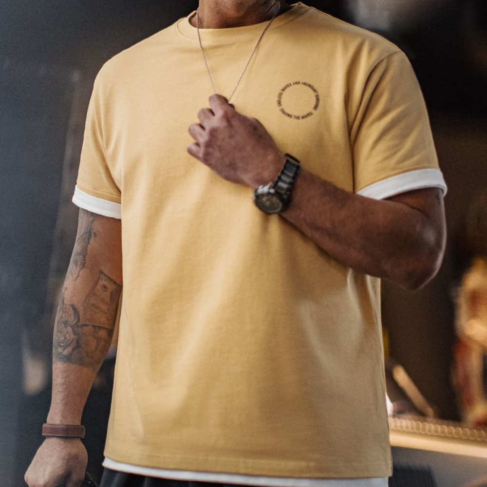 美式復古後背發泡印花T恤重磅薑黃色小眾創意短袖男款夏