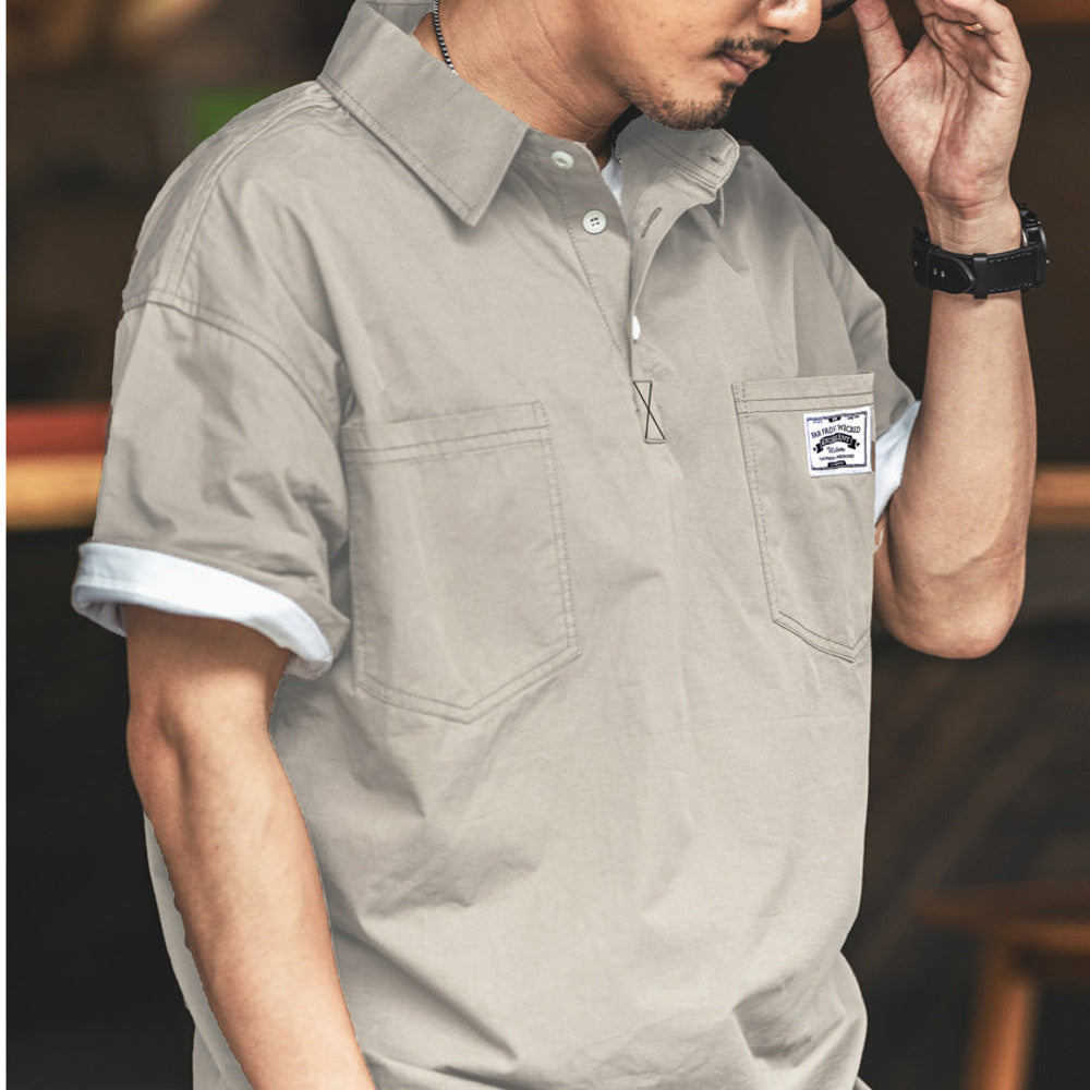 設計感美式休閑工裝短袖polo衫男夏季薄款寬松疊穿翻領襯衫T恤男