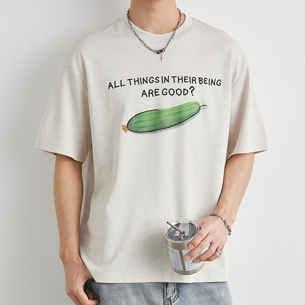 重磅210g莫代爾直噴趣味絲瓜印花短袖T恤男夏季寬鬆休閒半袖