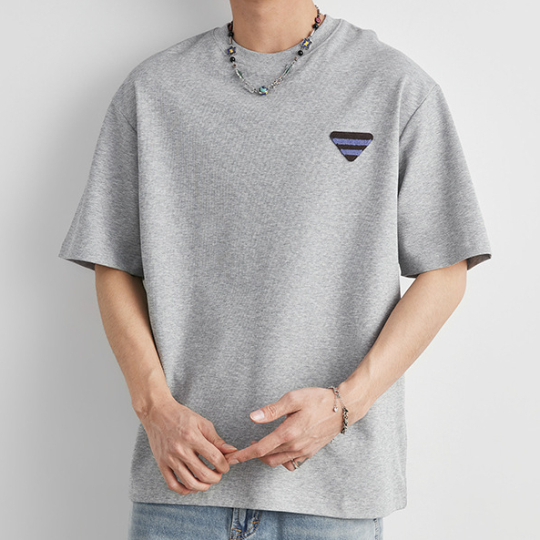 輕熟風三角貼標T恤男夏季重磅220g棉紡圓領寬鬆舒適透氣短袖