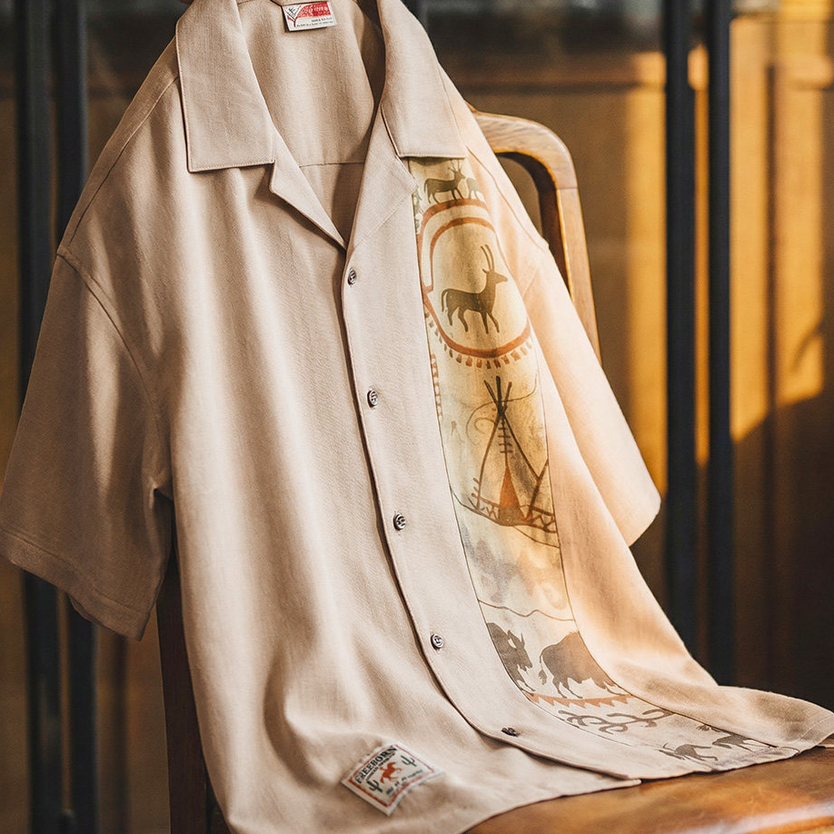 美式復古印花古巴領襯衫印第安薄款短袖棉襯衣外套男士夏