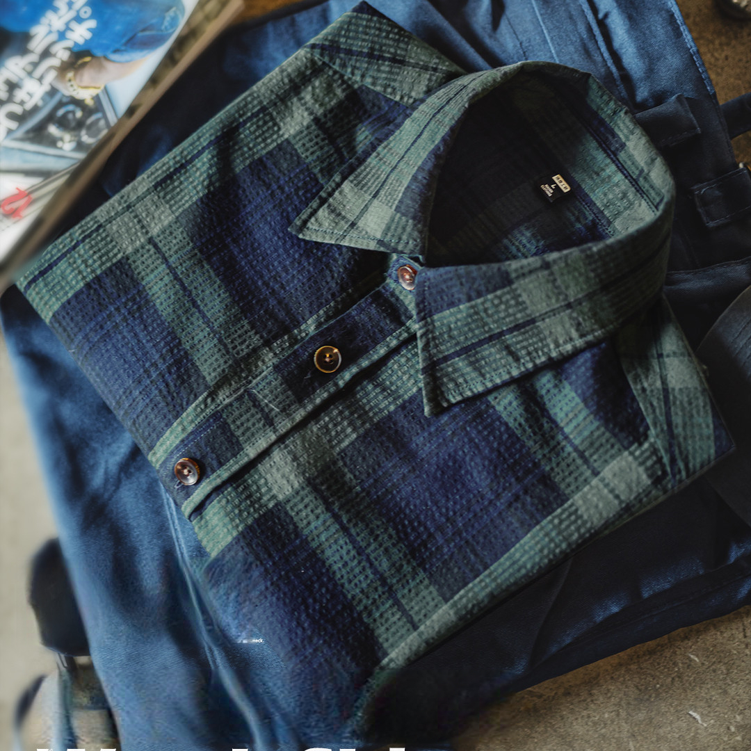 美式復古藍綠色格子襯衫外套純棉肌理感長袖薄款襯衣男秋