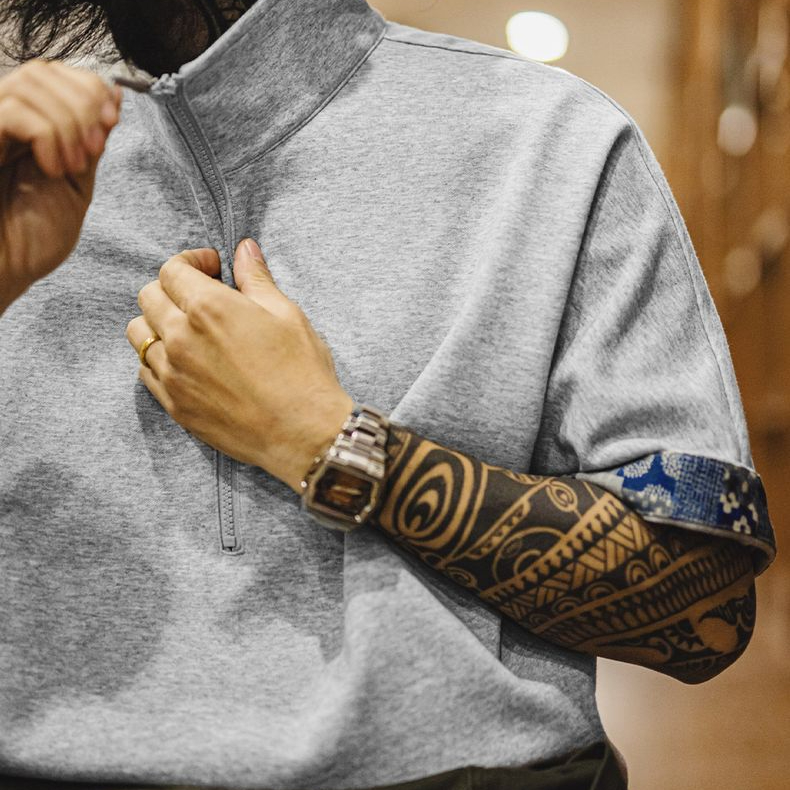 美式復古boro風半開襟polo古布印花寬鬆休閒翻領T恤男夏