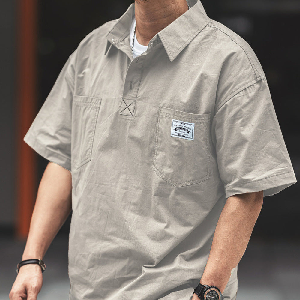 設計感美式休閑工裝短袖polo衫男夏季薄款寬松疊穿翻領襯衫T恤男
