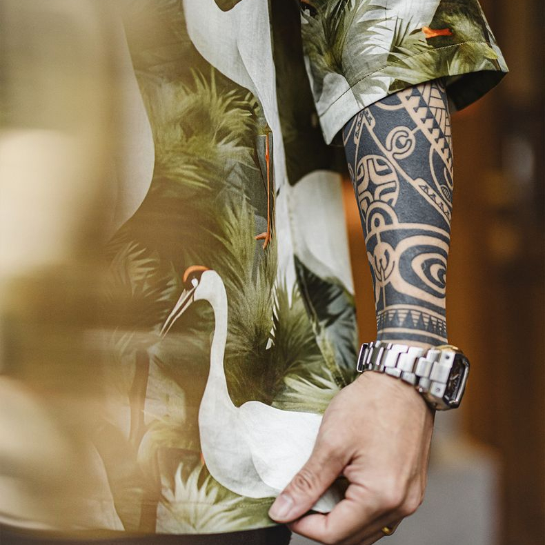 復古港風仙鶴花襯衫古巴領浮世繪天絲夏威夷短袖襯衣男夏