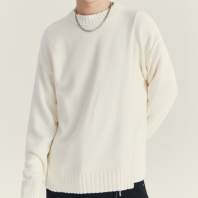 秋冬季圓領毛衣男士潮款韓版拼接寬鬆套頭針織衫長袖內搭