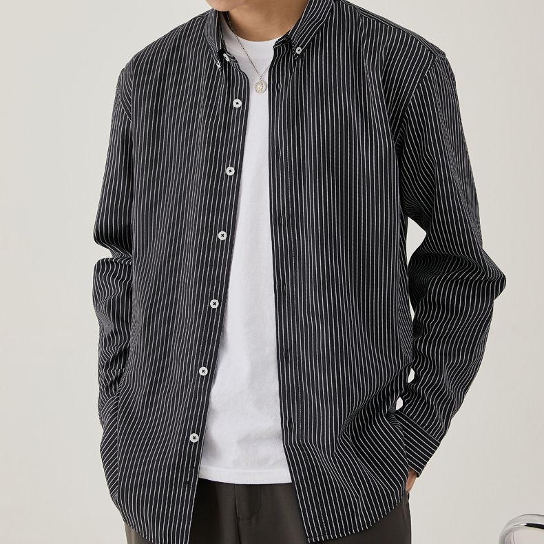 春秋新款輕商務翻領襯衣男條紋開衫長袖休閒男士襯衫