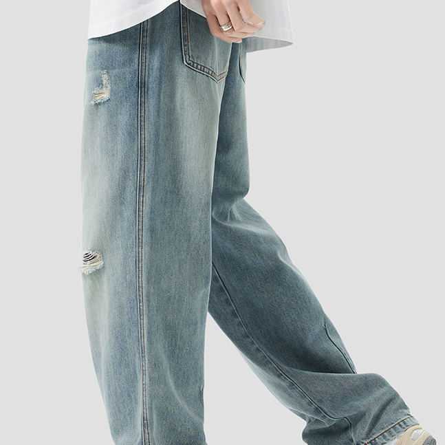 萊賽爾天絲破洞牛仔褲男春季新款垂感寬鬆直筒闊腿長褲子