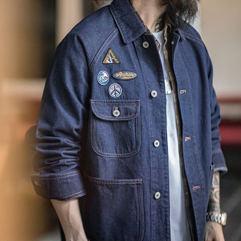 美式復古刺繡徽章牛仔夾克重磅水洗翻領休閒外套男秋冬季