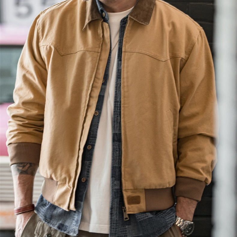 美式復古重磅聖達菲帆布夾克水洗純棉翻領短款外套男秋季