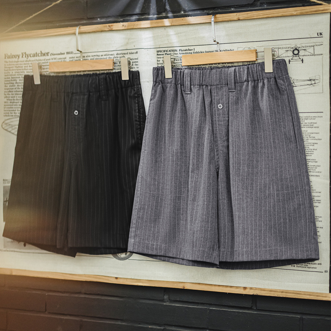 日系豎條紋灰色西裝短褲cityboy鬆緊腰直筒五分褲男夏季