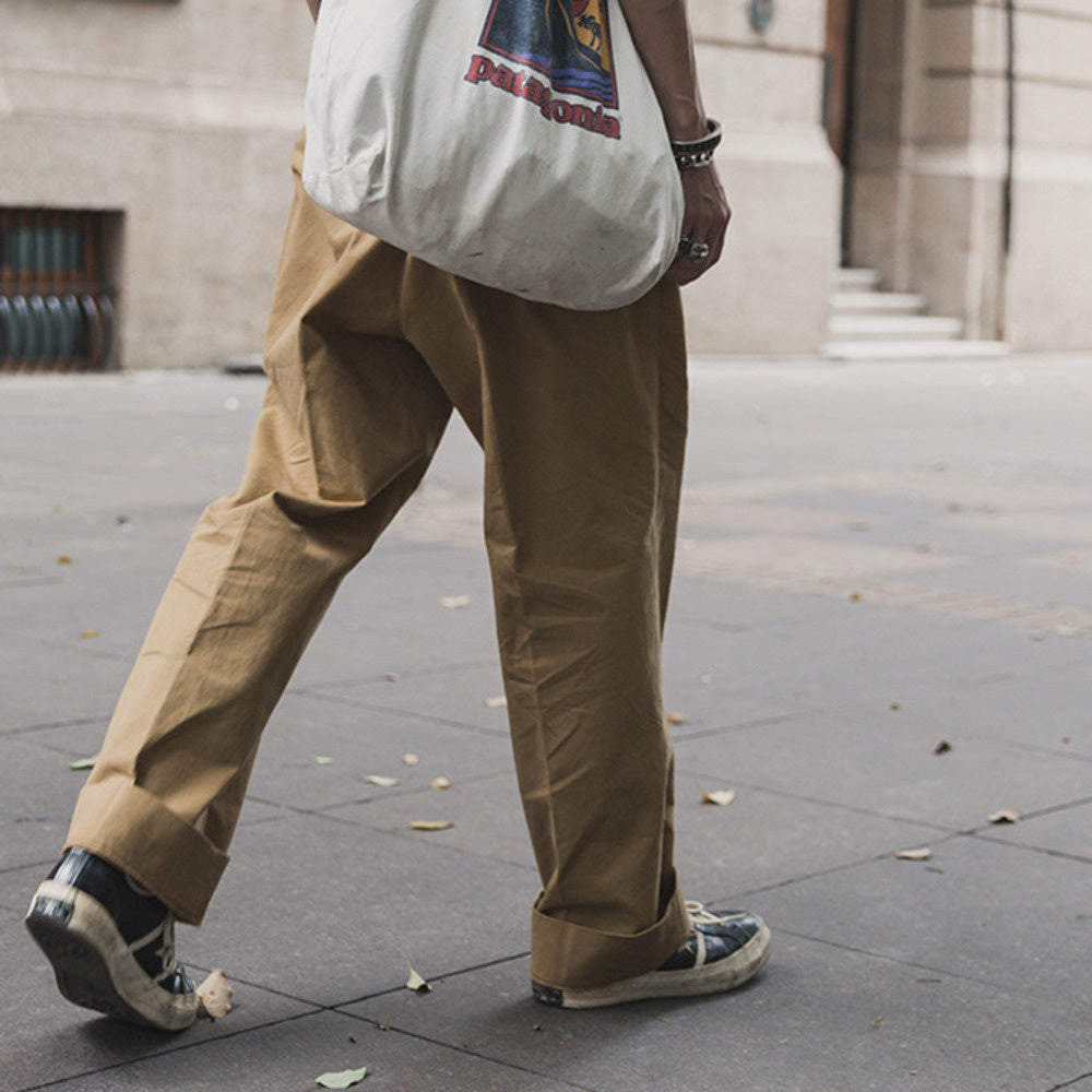 兩褶寬松休閑長褲直筒卡其褲子