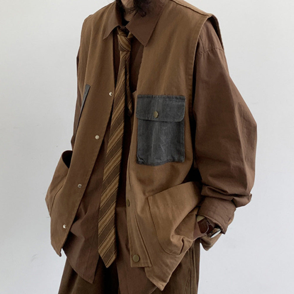 秋美式復古山系工裝馬甲男女生寬松阿美咔叽拼接咖色褂子