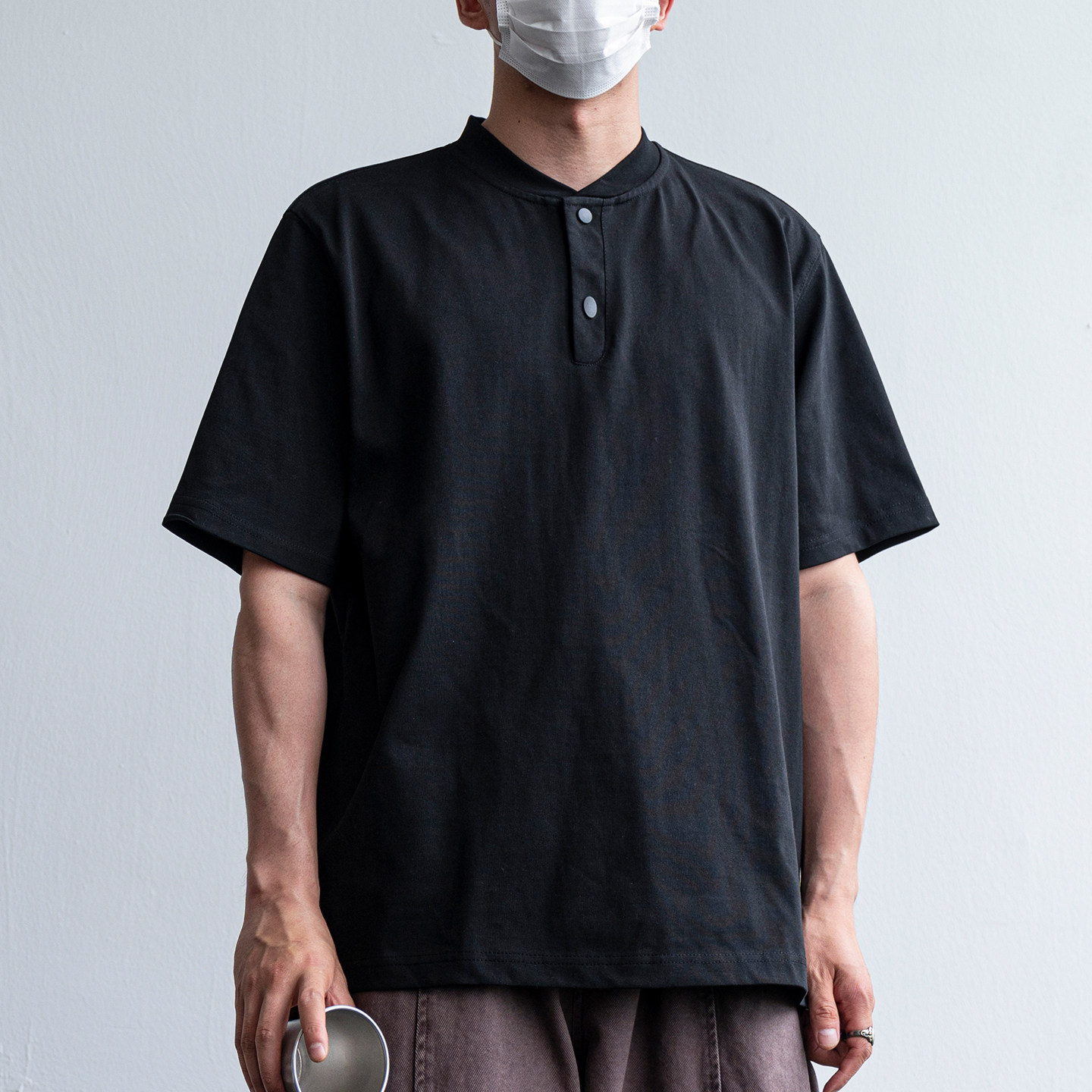 日系簡約復古亨利領純棉短袖T恤男夏季老錢風重磅情侶半袖上衣tee